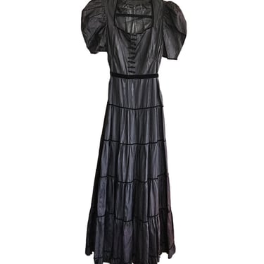 Vintage 30s Black Evening Dress Waterfall Taffeta Short Puffed Sleeves 