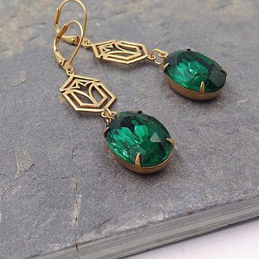 Emerald Green, Art Deco Earrings, Oval Earrings, May Birthstone, Christmas Earrings, Green Earrings 