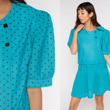 80s Polka Dot Dress Mini Puff Sleeve Low Waist Blue Secretary Vintage 1980s Pleated Skirt Summer Turquoise Kawaii Retro Polyester Large 