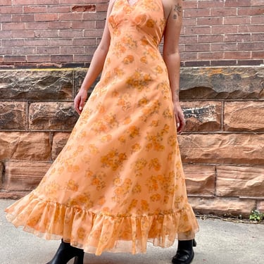 1970s Orange Sherbet Floral Halter Dress with Floral Print and Ruffle size size Small Medium 