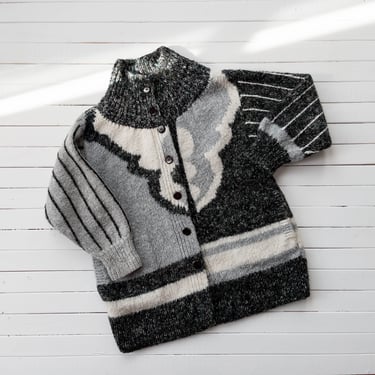 heavy mohair sweater | 80s 90s plus size vintage abstract avant garde black gray rainbow heavy warm cardigan sweater coat 