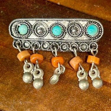Vintage Silver Gemstone Brooch Made in Israel Turquoise Coral Twisted Wire 