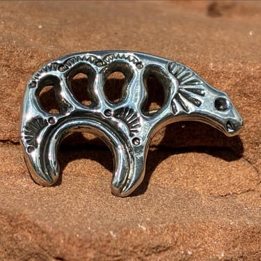 Arthur J. Williams ~ Vintage Navajo Sterling Silver Spirit Bear Pendant / Pin / Brooch with Stamp Work 