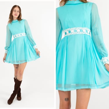 Vintage 1970s 70s Aqua Blue Silk Chiffon Mini Dress w/ High Neckline, Balloon Sleeves, Floral Crochet Trim, Satin Ribbon 