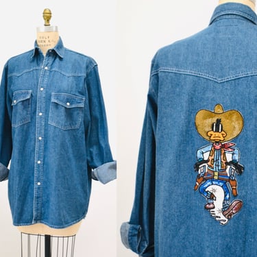 90s Vintage Denim Shirt with Cowboy Sequin Patch Looney Tunes Daffy Duck CowBoy Cowgirl Rodeo Denim Jean Shirt Large XL Jeanette Kastenberg 