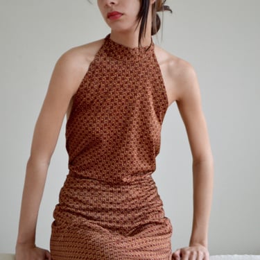 y2k stretch knit metallic halter skirt set 