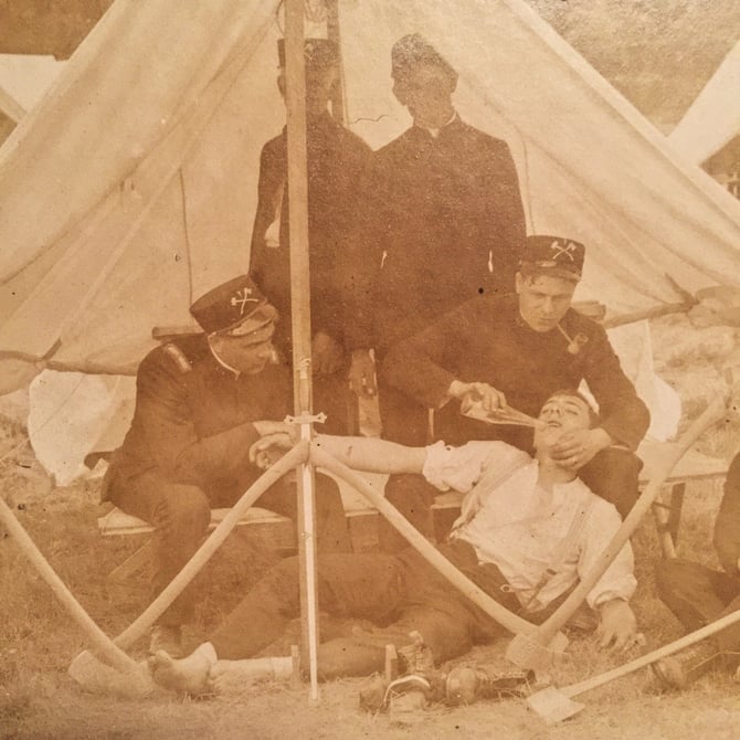 Antique Civil War Pabst Blue Ribbon Photograph - Reenactment - Medical Tent - Sepia - Humor - Drunk - Alcohol - Unusual - Rare - Early 1900s 