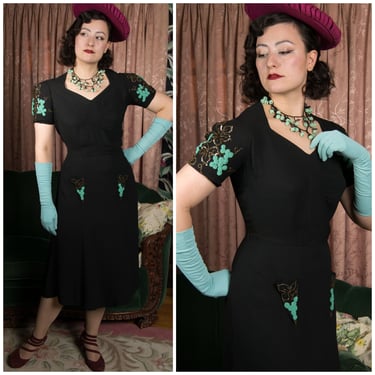 1940s Dress - Decadently Beaded Black Rayon Early 40s Cocktail Dress with Grape Motif in Seafoam Green and Gold 