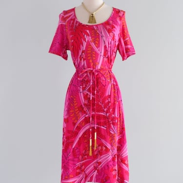 Vintage 1980's HOT PINK Tropical Silk Jersey Bessi Dress / L