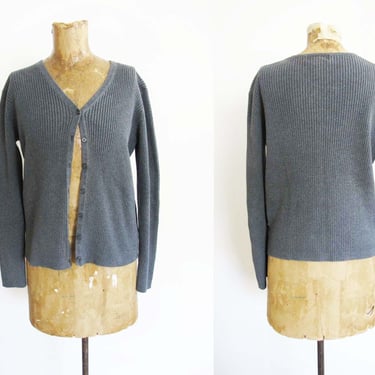 90s Gray Ribbed Cardigan S - Vintage 1990s Grey Long Sleeve Sweater - Solid Color Minimalist Cotton Cardigan 