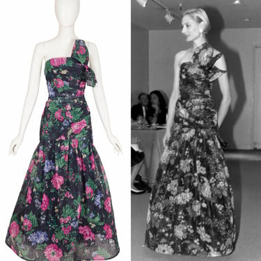 Arnold Scaasi 1987 Resort Vintage Floral Black Net Strapless Evening Gown Sz XS 