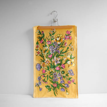 Vintage Linen Floral Tea Towel in Yellow, Pink, Green, and Purple 
