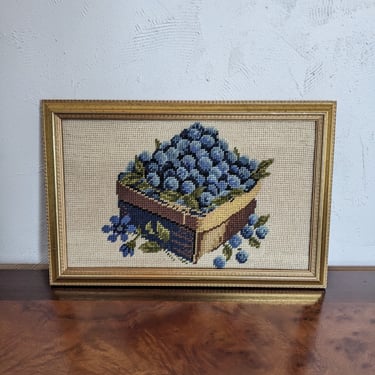 Basket of Blueberries Crewel in Gold Frame 