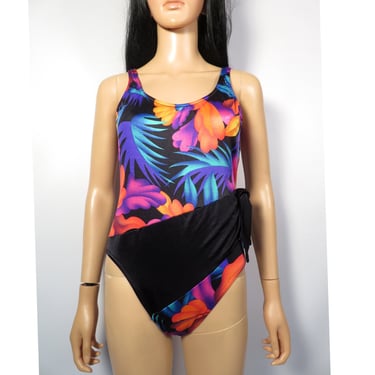 Vintage 80s Tropical One Piece Swimsuit Made In USA Size 14 