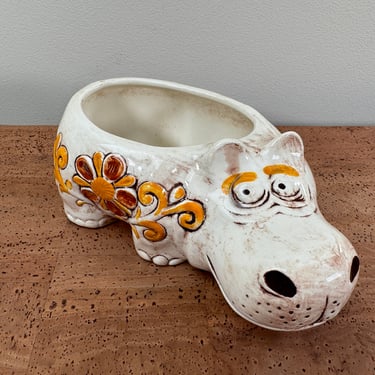 Treasurecraft Pottery Hippo Planter - Yellow Flower Full Body - USA 