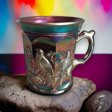 Antique Northwood Glass Singing Birds Amethyst Carnival Glass Mug 