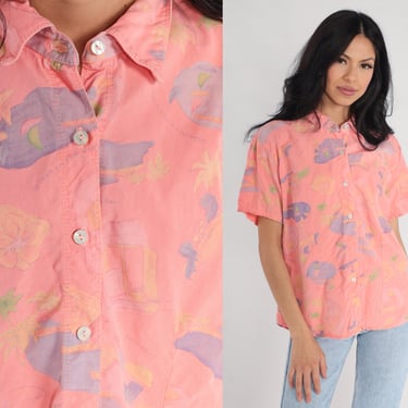 Tropical Print Shirt Y2K Pink Floral Vacation Fresh Produce Blouse Collared Shirt Retro Flower Print Button Up Short Sleeve Vintage Large L 