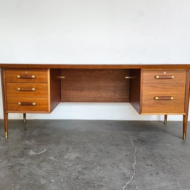 Large Mid Century Walnut Executive Desk with Wood + Brass Handles 
