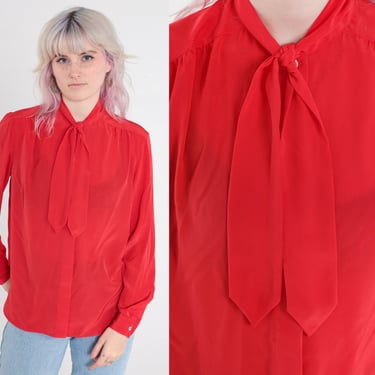 80s Ascot Shirt Red Secretary Blouse Long Sleeve Top 80s Bow Neck Ascot Top Hidden Button Up Vintage Long Sleeve Shirt Medium 8 