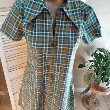 Vintage 60s 70s Green Plaid Mod A Line Mini Dress With Front Ring Pull Zip / M 