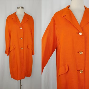 Vintage Seventies Solid Orange Long Mod Jacket - 70s Medium -  Large Collared Button Front Woven Dress Coat 