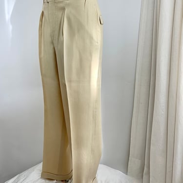 1920's-30's Ribbed Wool Trousers - Pleated Baggies - Talon Metal Zipper - Cuffed - Concealed Watch Pocket - 32 Inch Waist 