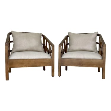 Organic Modern Carved Mango Wood Club Chairs Pair