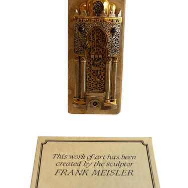 Frank Meisler Toledo Mezuzah Polished Bronze Gold & Silver-Plated Sculpture on Jerusalem Stone 