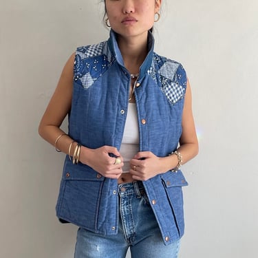 70s patchwork puffer vest / vintage chambray denim puffy puffer patchwork quilted cropped snap front outdoor capsule wardrobe vest | S M 