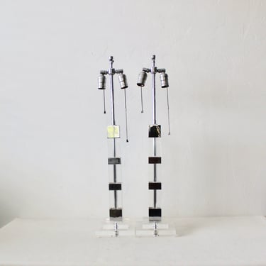 Karl Springer Style Lucite Chrome Column Table Lamps Glam Mid-Century Modern-pair 