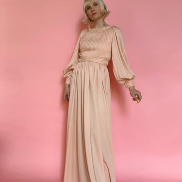 Vintage 70s Peach Pleated Gown w/ Bishop Sleeves 