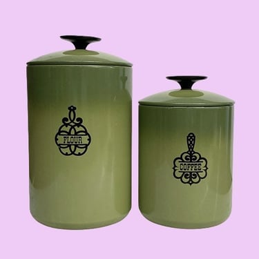 Vintage Canister Set Retro 1960s Mid Century Modern + Metal + Avocado Green and Black + Set of 2 + Flour + Coffee + Kitchen Storage 