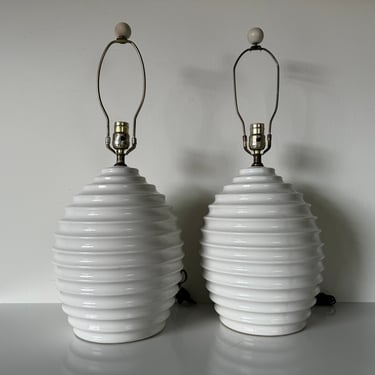 Postmodern Ribbed Design White Glazed Ceramic Table Lamps - a Pair 