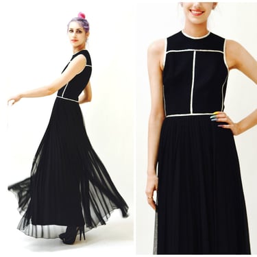 70s Black Maxi Dress Metallic silver Trim long Black Party Dress Size XXS XS// Vintage Black Evening Gown Pleated Skirt Dress 