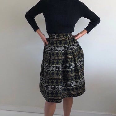 50s wool tapestry skirt / woven wool dirndl pleated skirt / olive + black + gold wool greek key print blanket skirt | XXS 24 W 