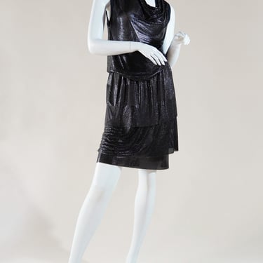 F/W 1982 Gianni Versace documented oroton metal matching set with draped cowl neck top and layered skirt 