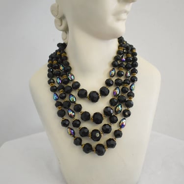 1960s Black Faceted Plastic Bead Four Strand Necklace 