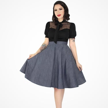 Vintage Inspired Circle Skirt, Flowy Denim Skirt With Pockets 