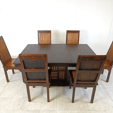 Mid century bamboo high back dining chairs with table, 1960s - rattan dining chairs - vintage dining chairs - bamboo dining chairs 