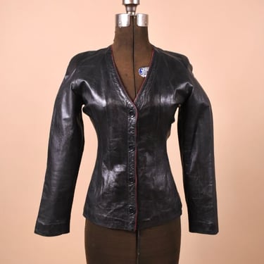 Black 70s Leather Jacket with Red Trim By Helena Sport, XXS