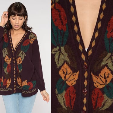 Leaf Print Cardigan Sweater 90s Brown Button Up Knit Sweater Boho Grunge Hippie Bohemian Floral Retro Knitwear Grandma Vintage 1990s 2xl xxl 