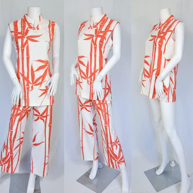 1970's White Coral Bamboo Print 2 Pc Hawaiian Pantsuit I Sz Lrg I Polynesian Casuals I Tea Timer Set 