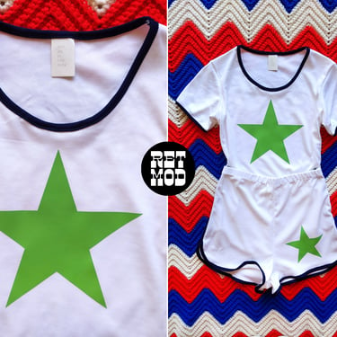 DEADSTOCK Vintage 70s 80s White with Navy Trim and Green Star Two-Piece Leotard & Shorts SET 