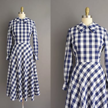 vintage 60s dress | Carlye Blue Gingham Sparkly Rhinestone Long Sleeve Cotton Dress | Medium | 1960s vintage dress 