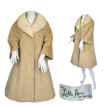 Mink Collar Lilli Ann 1950's Tan Mohair Wool Swing Coat I Sz Lrg I B: 44" I Paris 