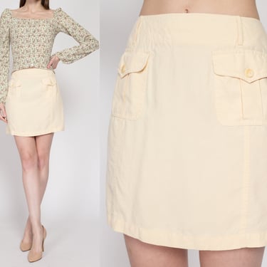 Small 90s Butter Yellow Silk Mini Skirt | Vintage High Waisted Minimalist A Line Pocket Skirt 