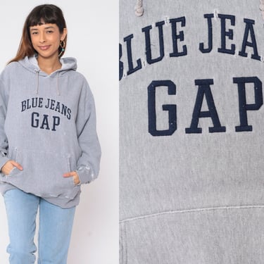 90s Gap Hoodie Heather Grey Blue Jeans Hooded Sweatshirt Distressed Ripped Retro Graphic Vintage 1990s Athletic Hood Sweatshirt Large 