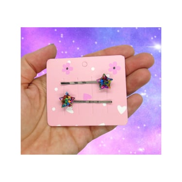 Rainbow Stars Hair Clip Set Confetti Glitter Bobby Pins Galaxy Space Celestial Clips 