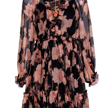 Zimmerman - Black & Blush Floral Print Sheer Mini Dress w/ Ruffles Sz 1