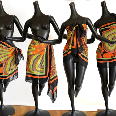 MOD Sarong Pareo Swimsuit Cover Up • Psychedelic Swirl Hippie Boho Sheer Wrap Skirt Dress • Orange Green Black Brown Border Print • 1 Size 